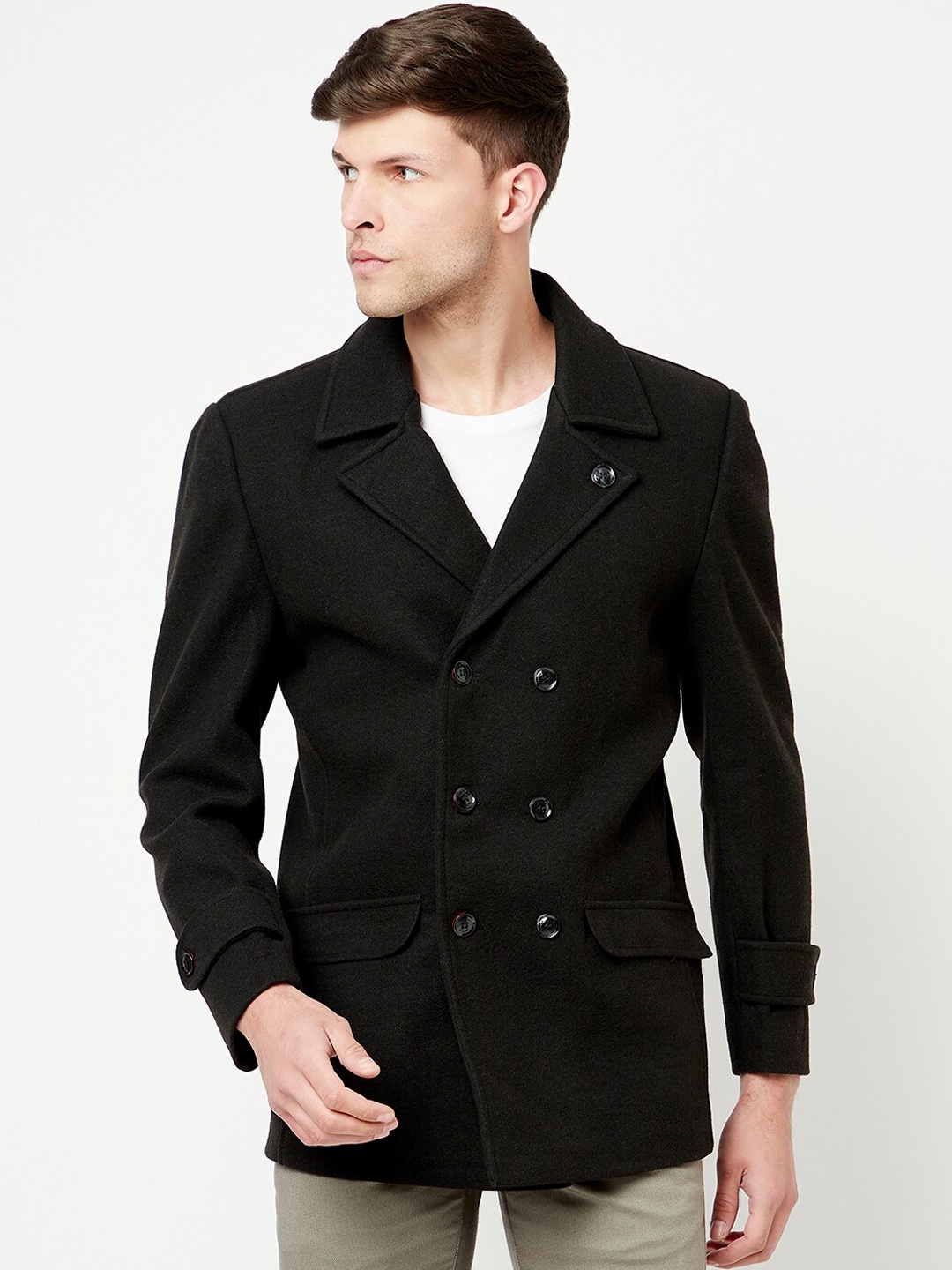 METTLE Men Black Solid Notched Lapel Collar Regular Fit Double Breasted Cotton Pea Coat
METTLE Men Black Solid Notched Lapel Collar Regular Fit Double Breasted Cotton Pea Coat