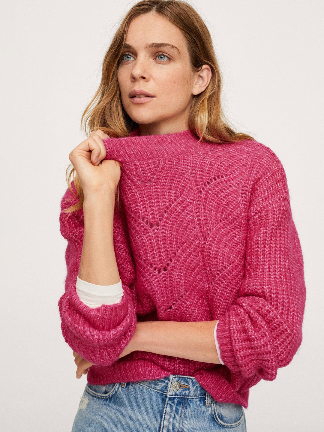MANGO Women Magenta Pink Cable Knit Pullover