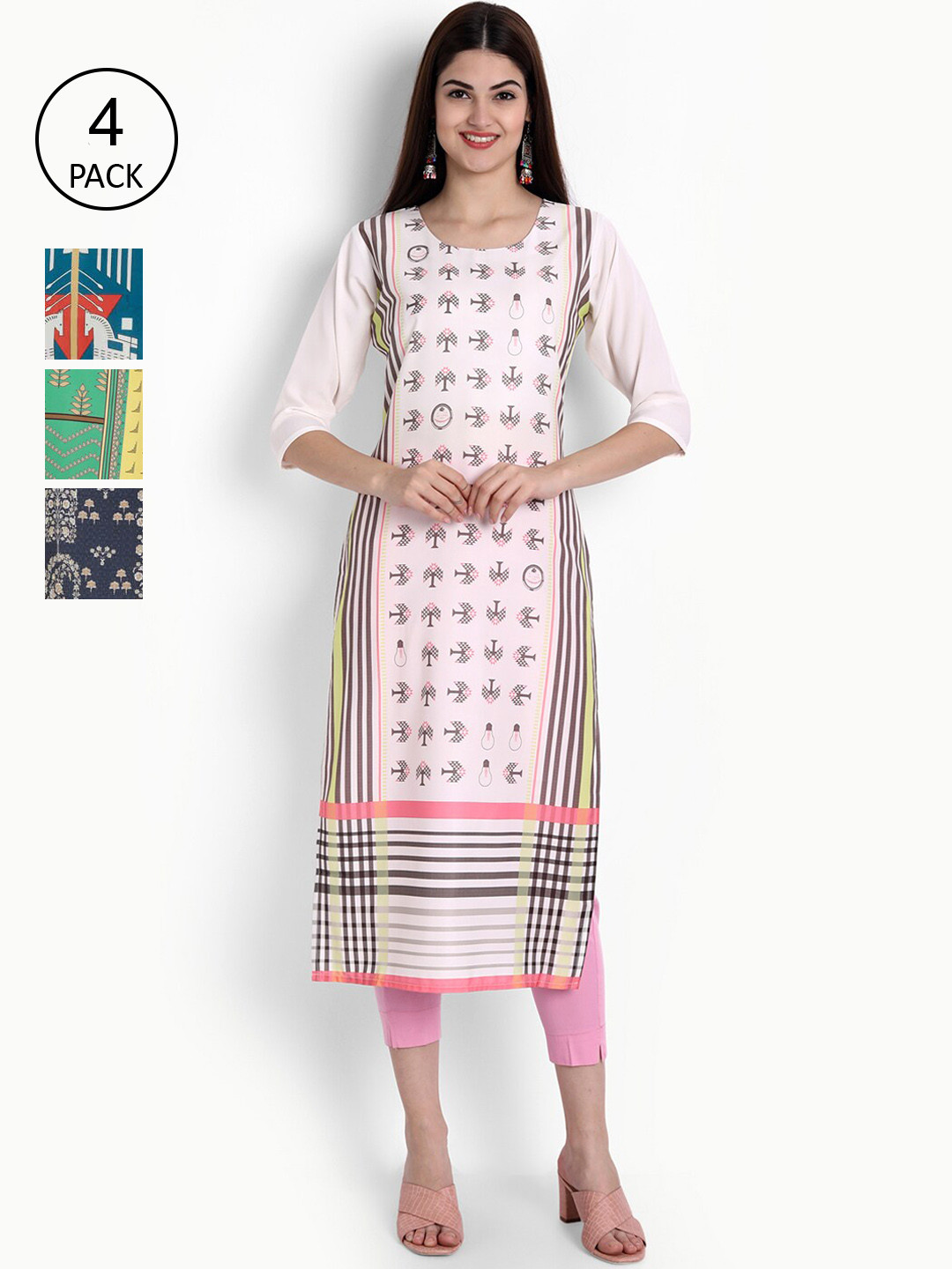 Ethnic basket Green & Blue Quirky Printed Pack Of 4 Kurta 
Ethnic basket Green & Blue Quirky Printed Pack Of 4 Kurta