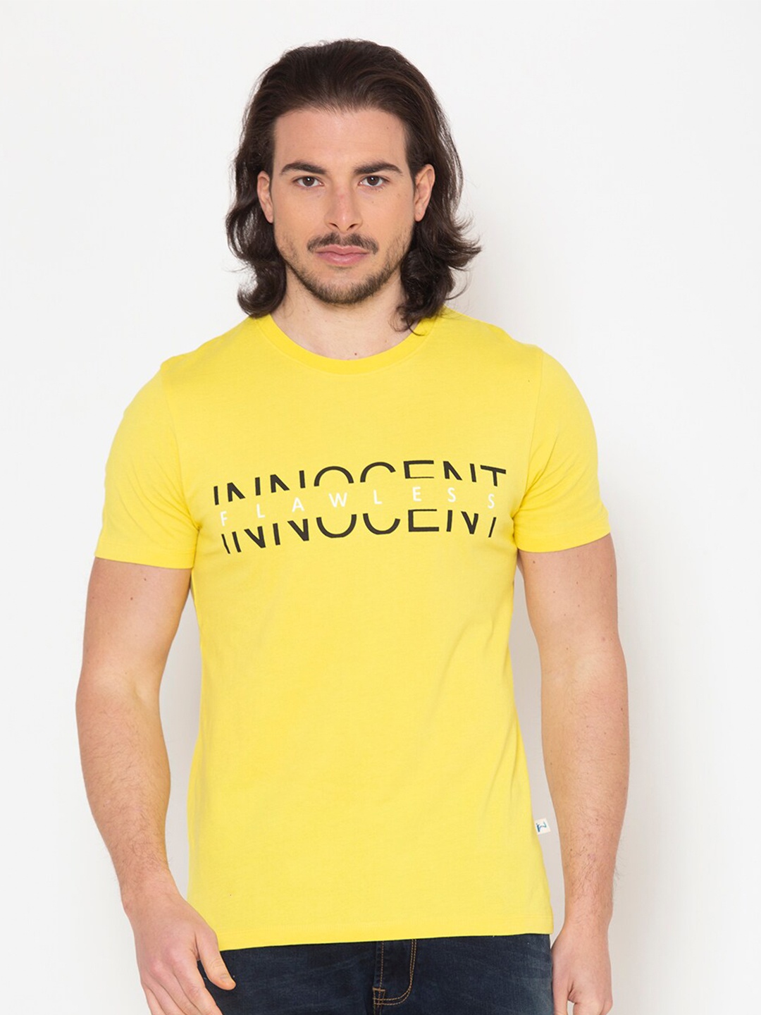 FLAWLESS Men Yellow Typography Printed T-shirt