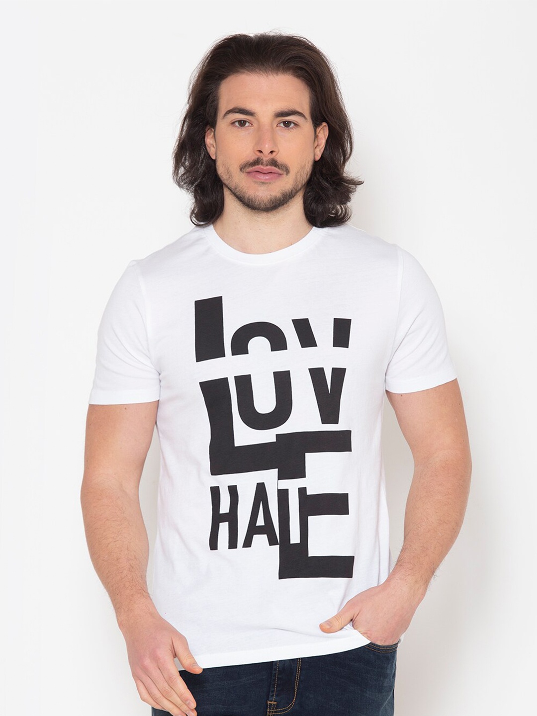 FLAWLESS Men White & Black Typography Printed Cotton T-shirt