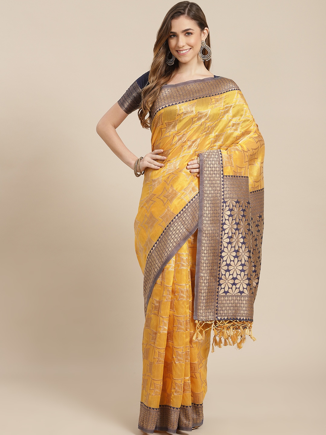 SHANGRILA Yellow & Navy Blue Ethnic Motifs Zari Art Silk Ready to Wear Mysore Silk Saree
SHANGRILA Yellow & Navy Blue Ethnic Motifs Zari Art Silk Ready to Wear Mysore Silk Saree