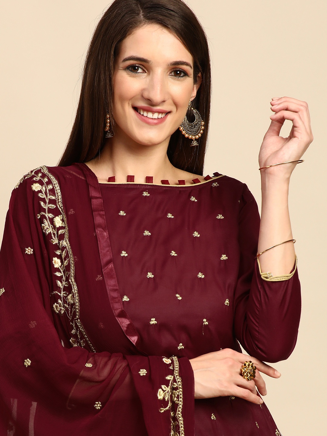 Shaily Maroon & Golden Zari Embroidered Unstitched Dress Material
