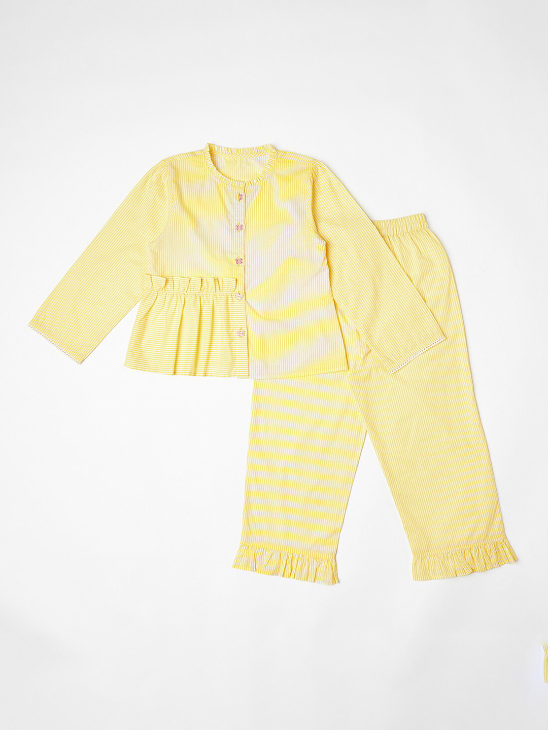BLANC9 Girls Yellow & White Striped Butterfly Buttoned-Frilled Pure Cotton Night suit
BLANC9 Girls Yellow & White Striped Butterfly Buttoned-Frilled Pure Cotton Night suit