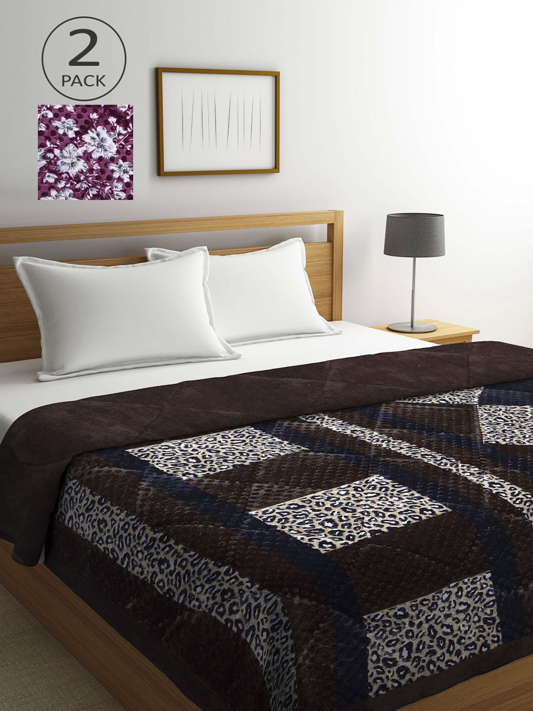 KLOTTHE Set of 2 Floral Heavy Winter Double Bed Quilt, Coffee brown