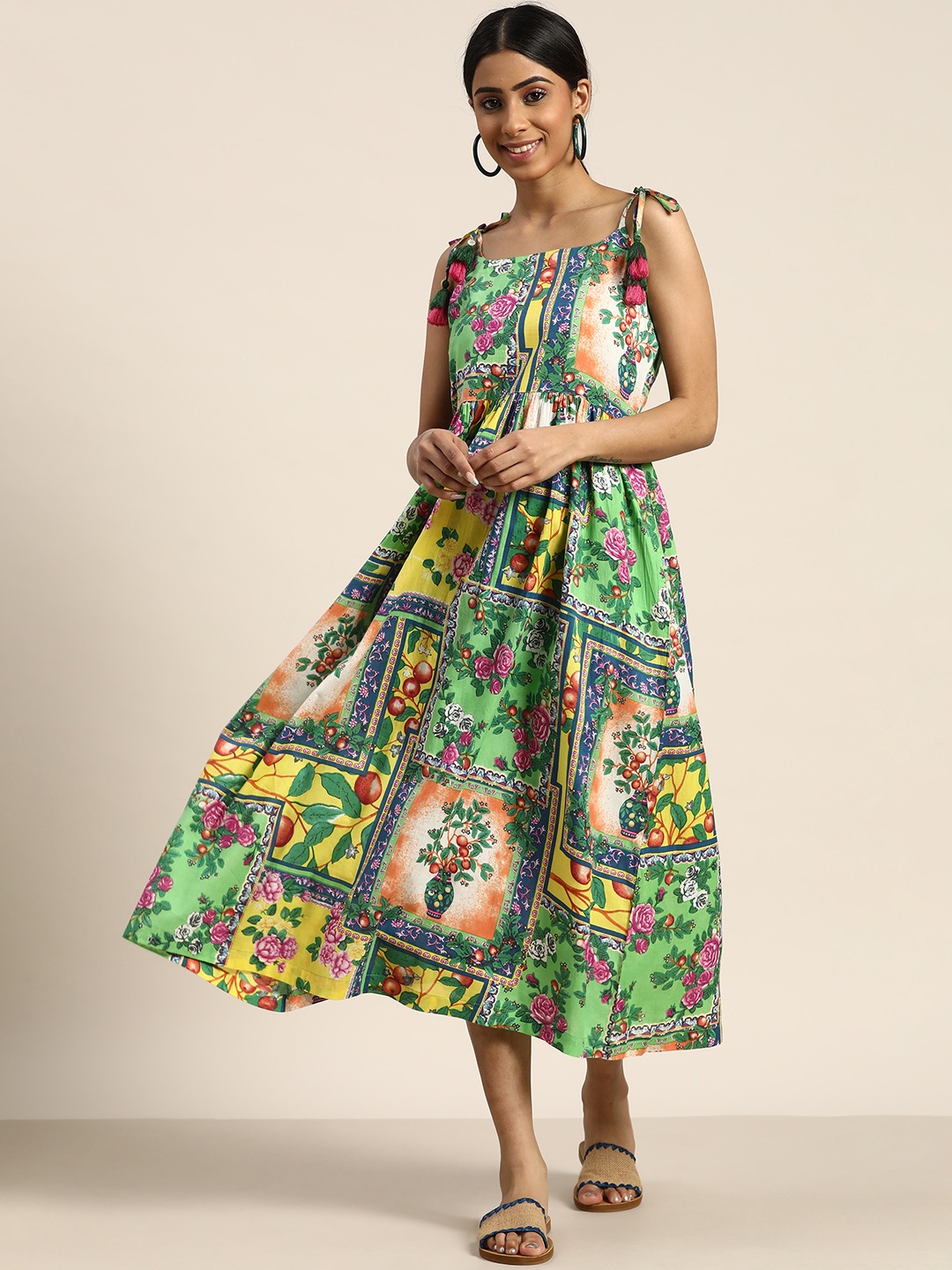 Sangria Green & Yellow Ethnic Motifs Tie-Up Neck Ethnic Midi Dress