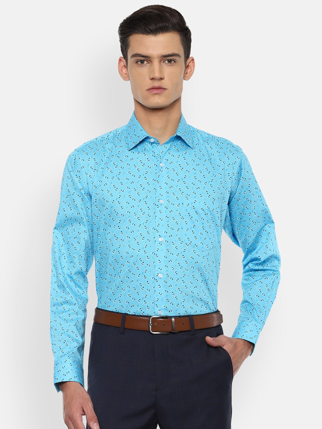 Van Heusen Men Turquoise Blue Floral Printed Cotton Formal Shirt