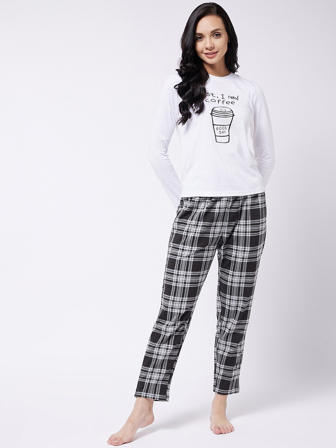 Vvoguish Women White & Black Printed Night suit