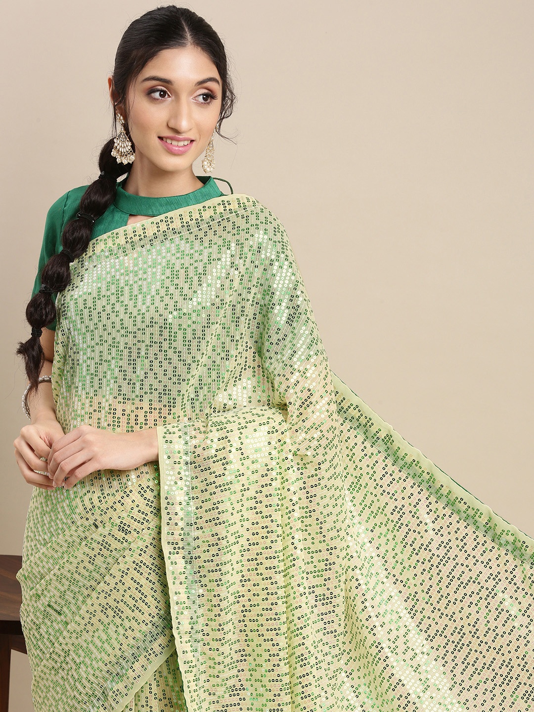 Mitera Green & Cream-Coloured Floral Sequinned Pure Georgette Saree