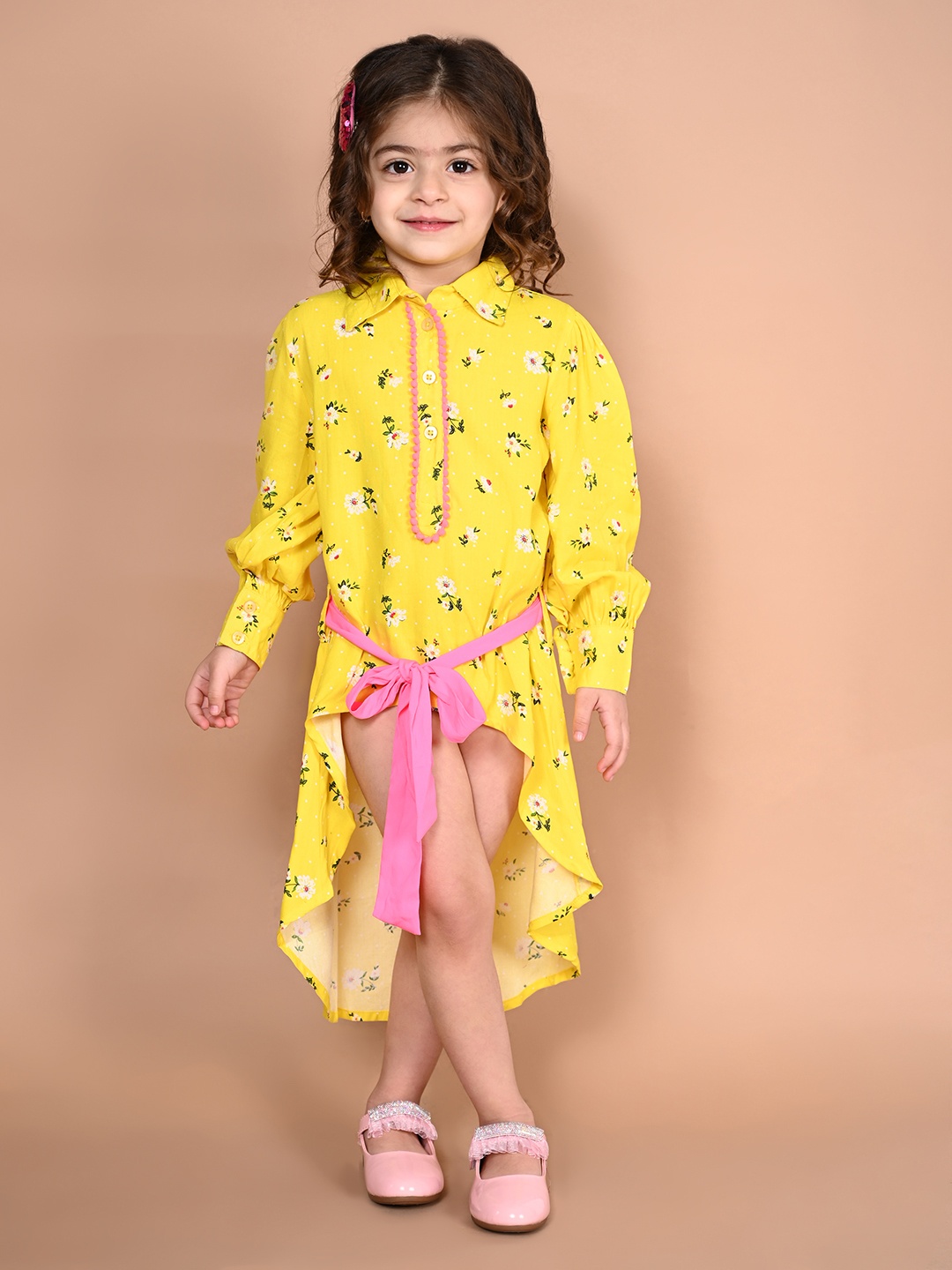 LilPicks Girls Yellow Floral Printed Shirt Dress