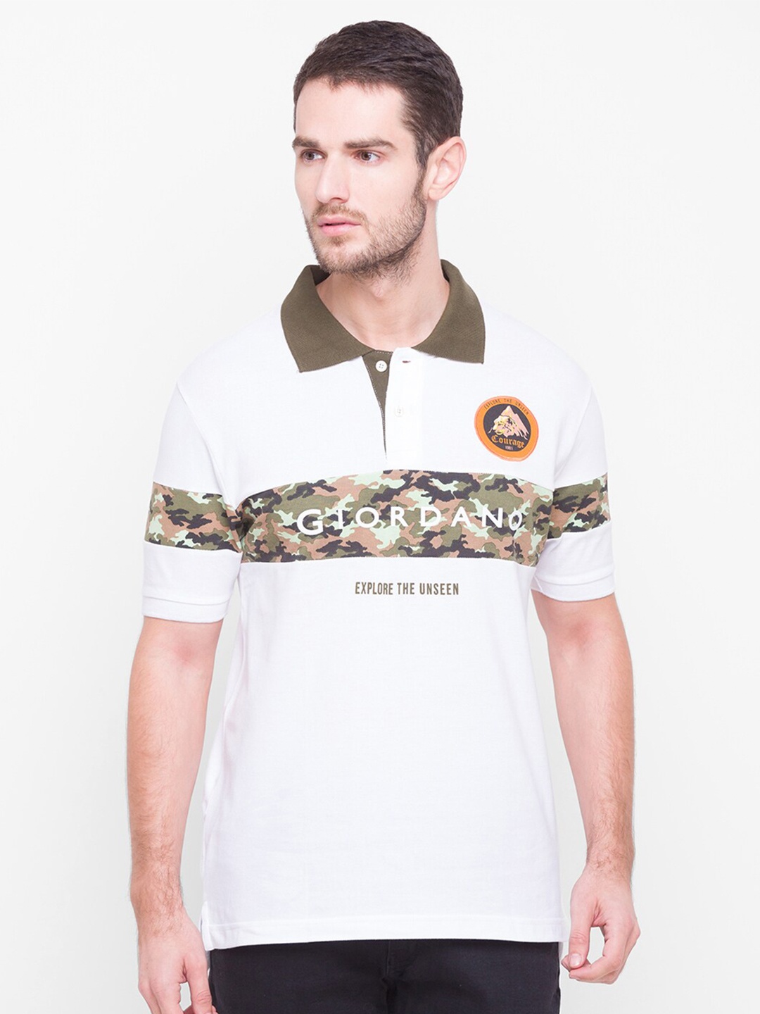 GIORDANO Men White & Olive Green Cotton Camouflage Print Polo Collar Slim Fit T-shirt
GIORDANO Men White & Olive Green Cotton Camouflage Print Polo Collar Slim Fit T-shirt