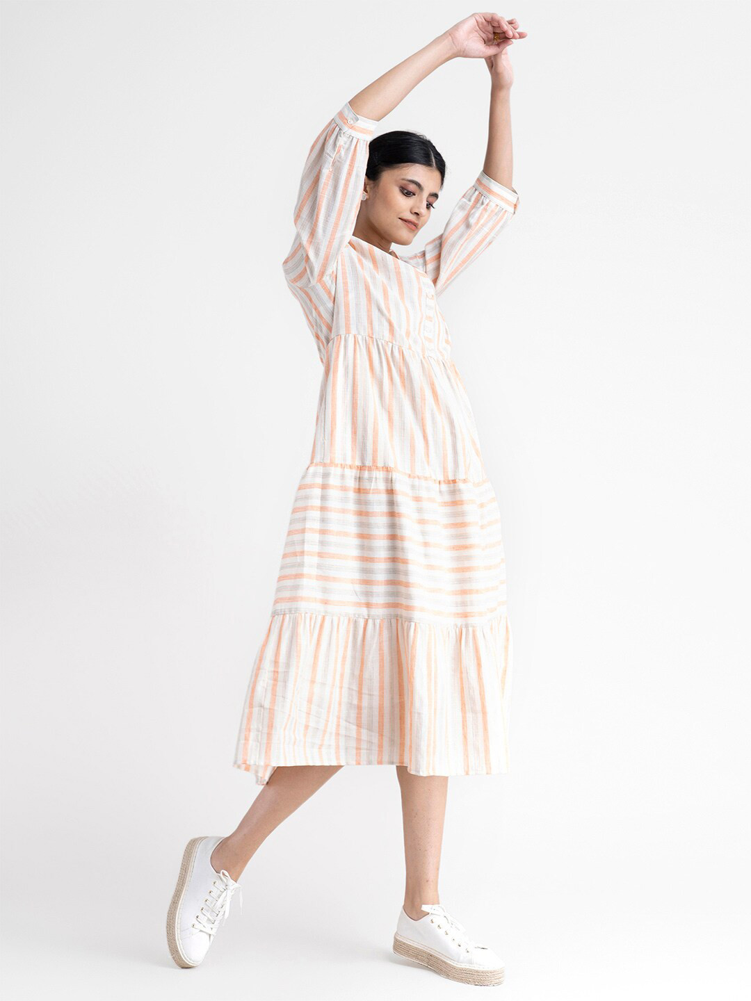 Pink Fort Orange & White Cotton Striped Midi Tiered A-Line Dress 
Pink Fort Orange & White Cotton Striped Midi Tiered A-Line Dress