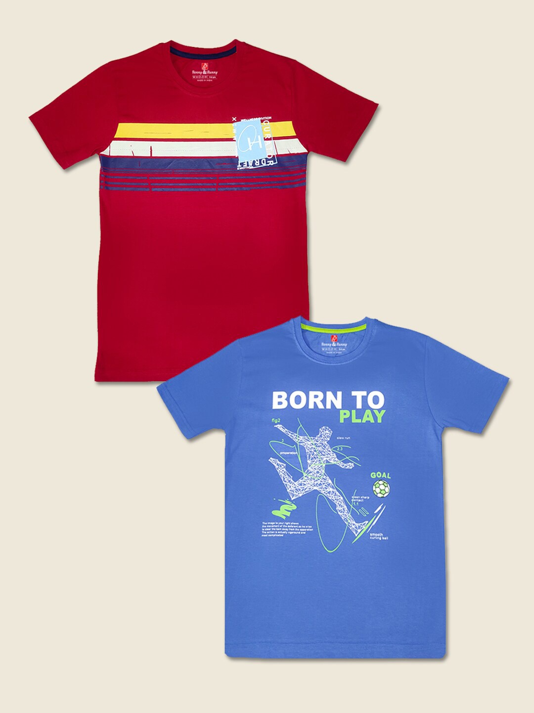 Benny n Bunny Boys Pack of 2 Printed Pure Cotton T-shirts, Red