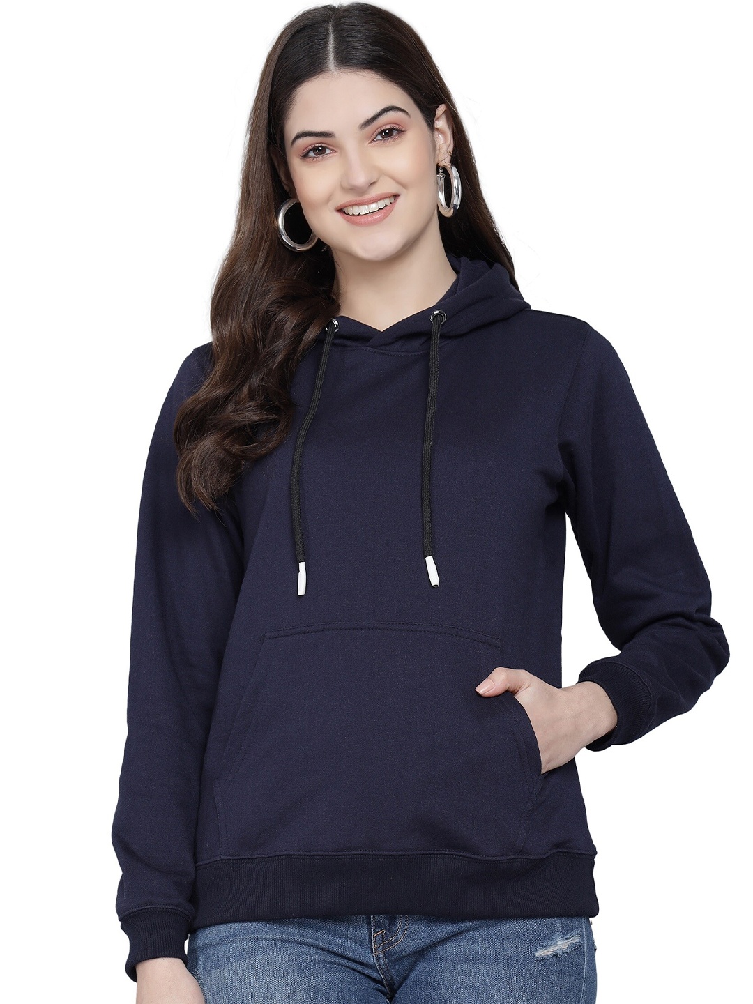 PockMAN Women Navy Blue Solid Hooded Sweatshirt