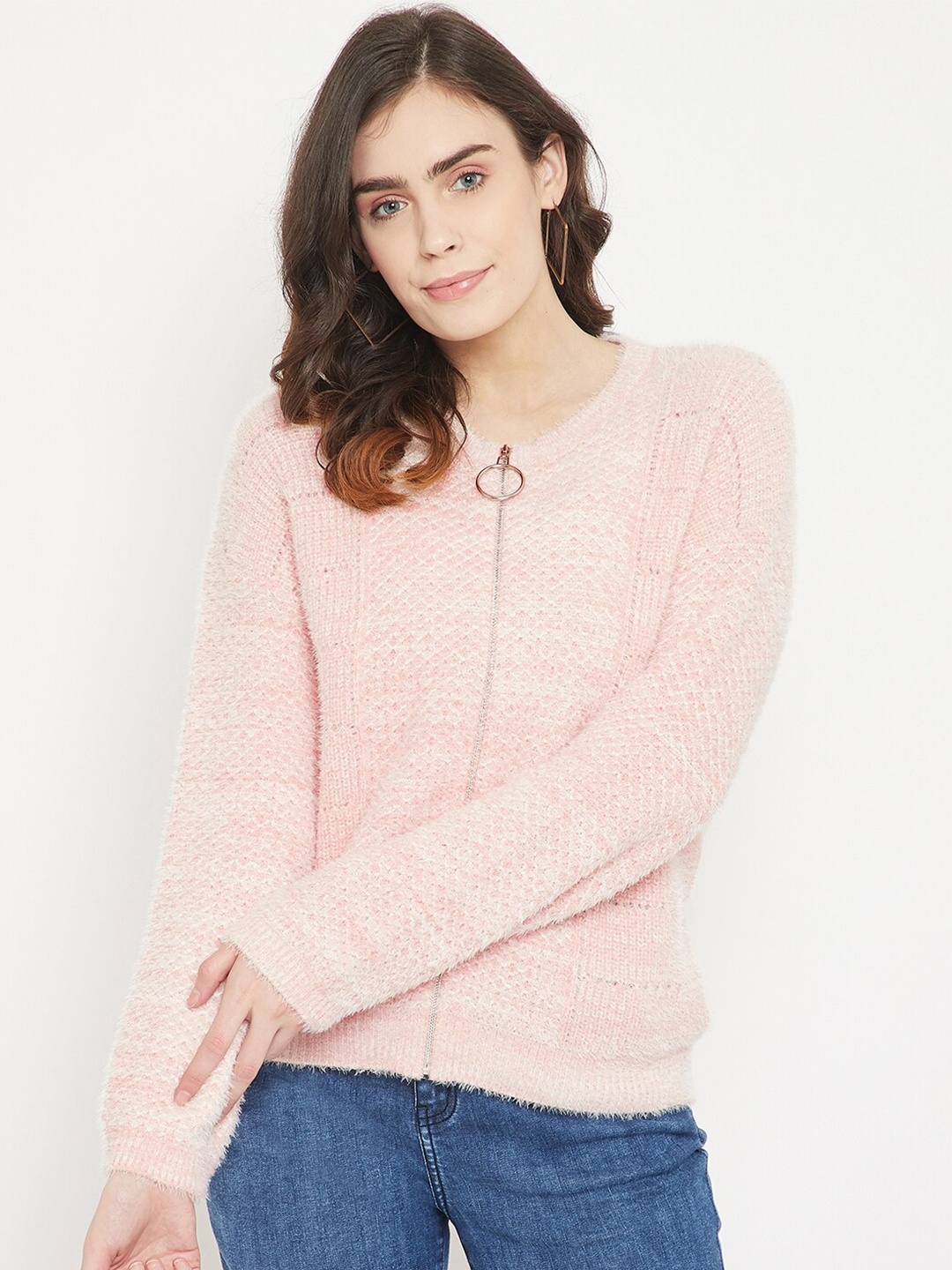 Madame Women Peach-Coloured Cable Knit Pullover with Fuzzy Detail