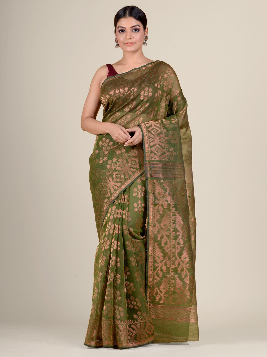 Charukriti Green & Copper-Coloured Ethnic Motifs Zari Silk Cotton Jamdani Saree
Charukriti Green & Copper-Coloured Ethnic Motifs Zari Silk Cotton Jamdani Saree