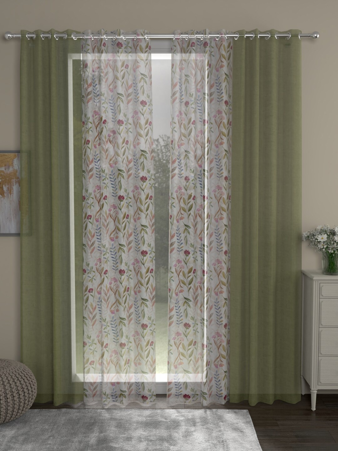 ROSARA HOME Olive Green & Off White Set of 4 Floral Sheer Door Curtain
