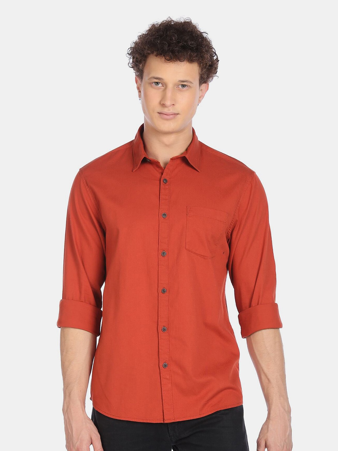 Ruggers Men Orange Solid Casual Shirt