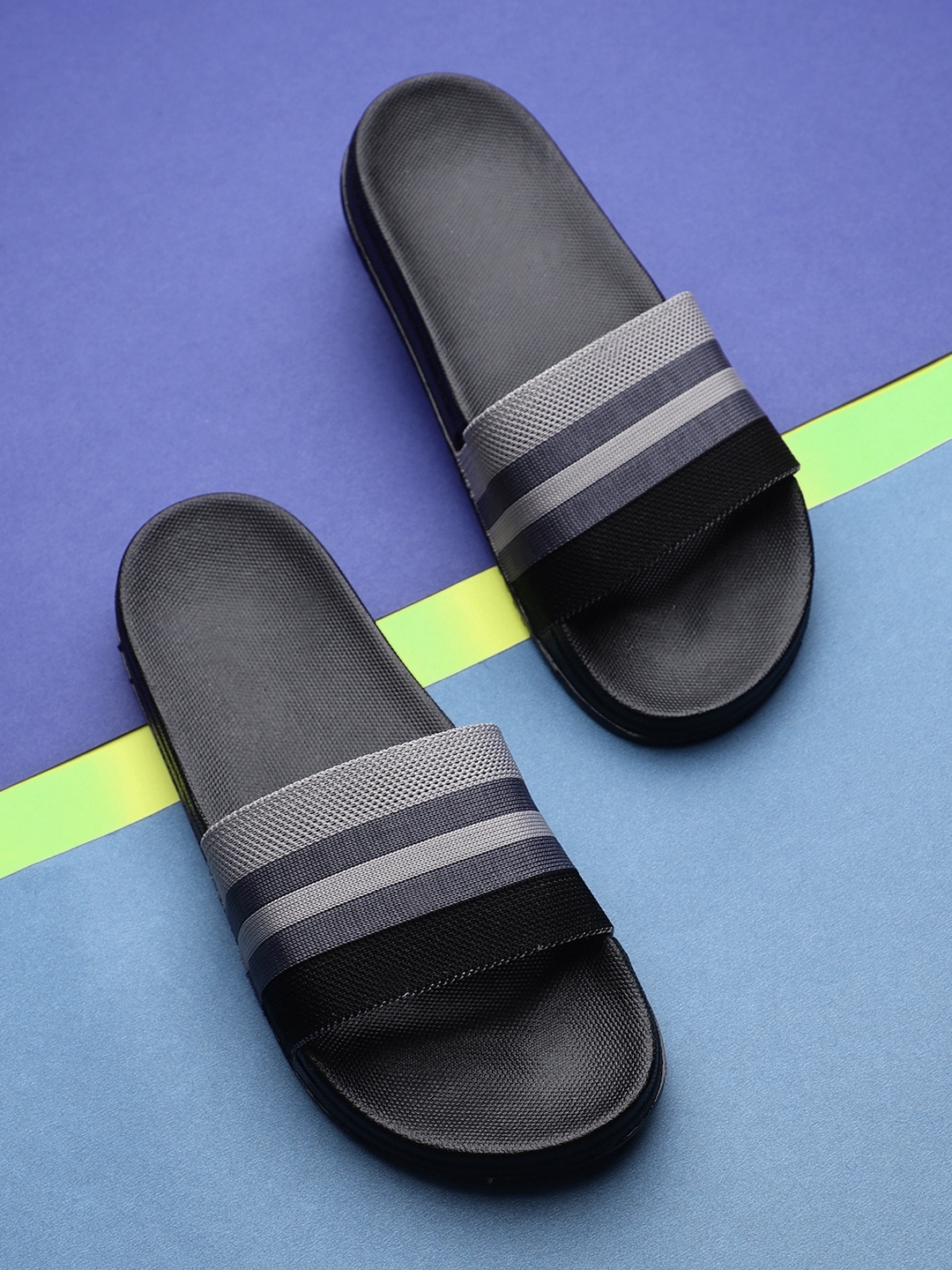 Pampy Angel Men Grey & Blue Striped Rubber Sliders