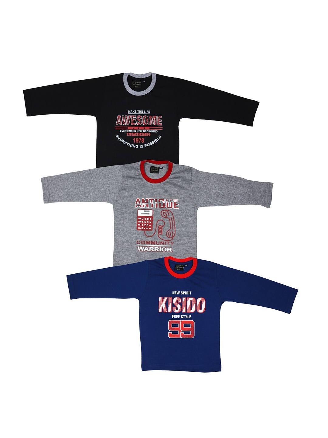 CREMLIN CLOTHING Kids Black, Grey & Blue Pack Of 3 Typography Printed T-shirt