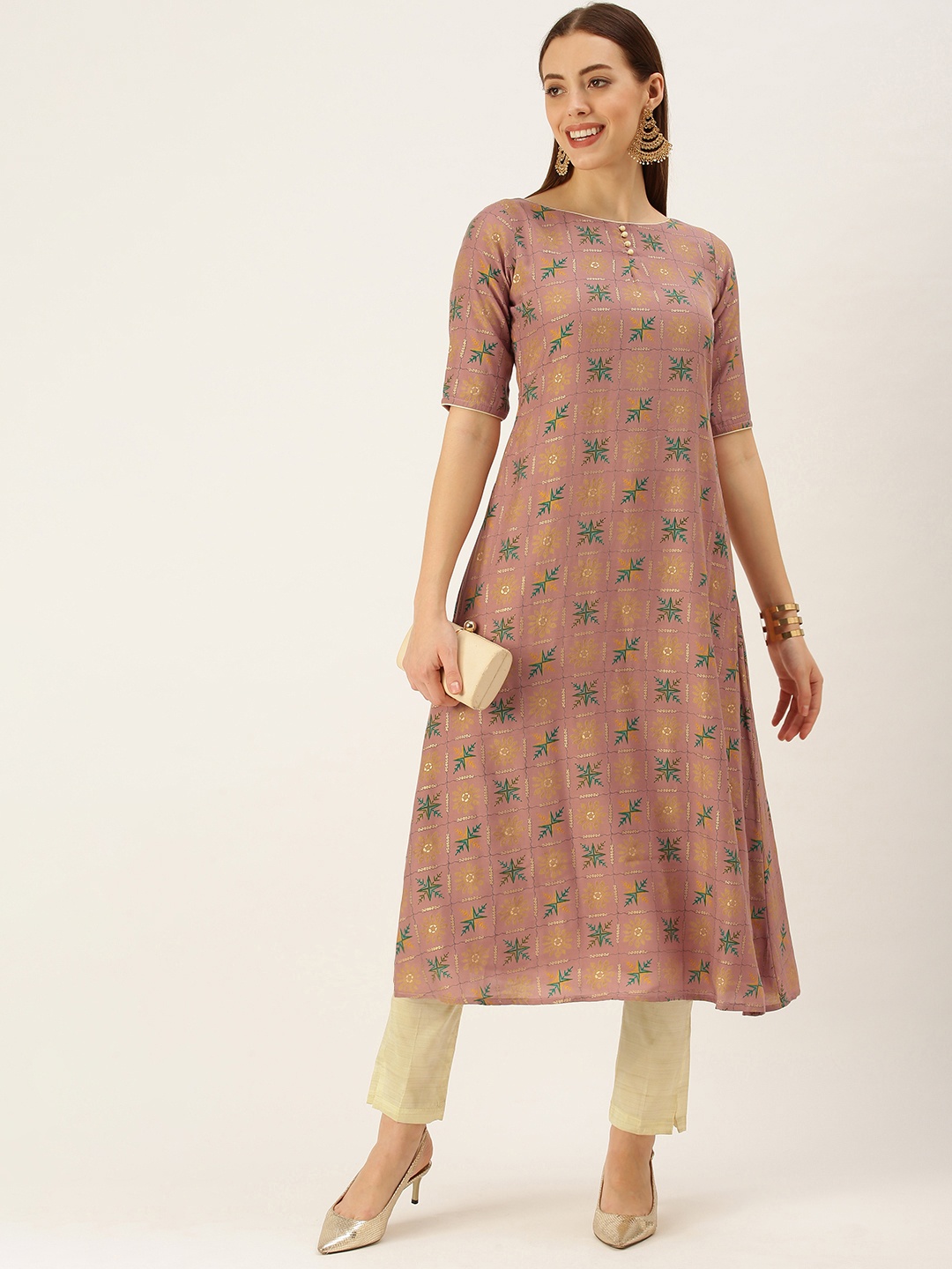 Ethnovog Women Peach-Coloured Ethnic Motifs Printed Kurta with Trousers