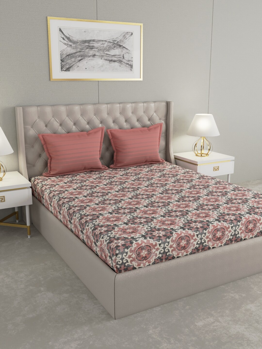 Trident Charcoal Grey & Peach-Coloured Floral 144 TC Queen Bedsheet with 2 Pillow Covers
Trident Charcoal Grey & Peach-Coloured Floral 144 TC Queen Bedsheet with 2 Pillow Covers