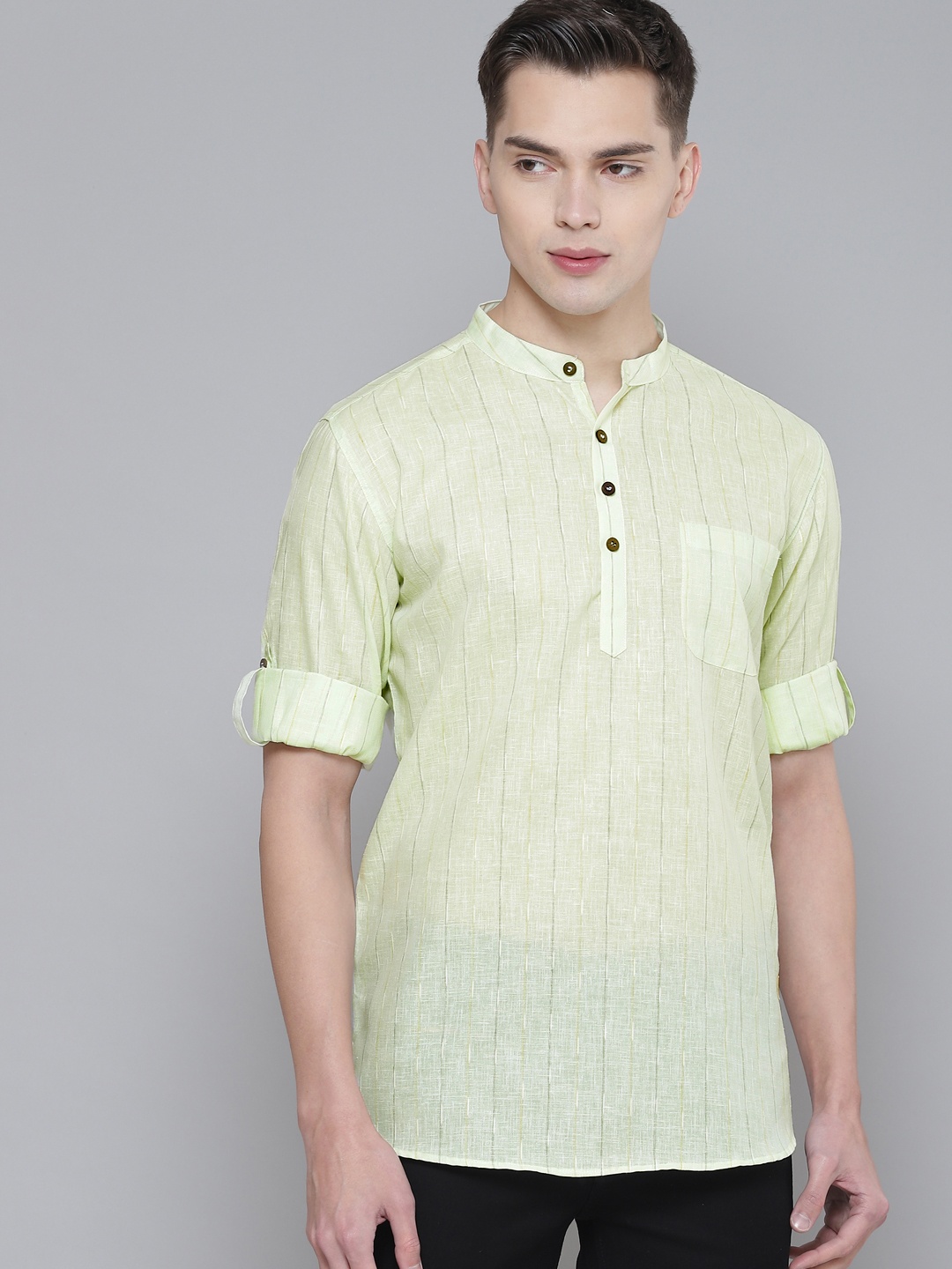 DENNISON Men Green Checked Pastels Kurta
