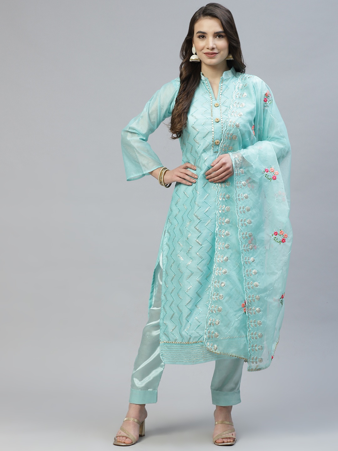 RAJGRANTH Turquoise Blue Embroidered Chanderi Top With Organza Duppata Dress Material
RAJGRANTH Turquoise Blue Embroidered Chanderi Top With Organza Duppata Dress Material