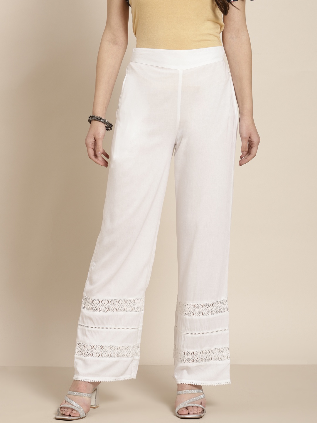 Juniper Women White Floral Lace Inserts Hem Design Straight Fit Rayon Ethnic Palazzos
Juniper Women White Floral Lace Inserts Hem Design Straight Fit Rayon Ethnic Palazzos