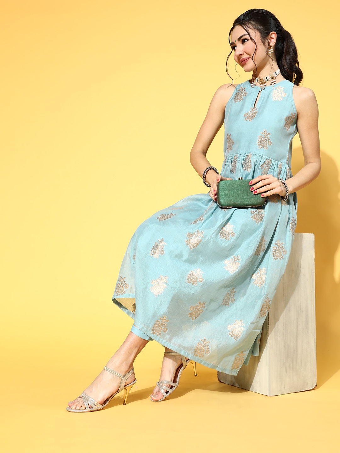 AHIKA Floral Poly-Chanderi Gold Foil Kurta Set, Blue