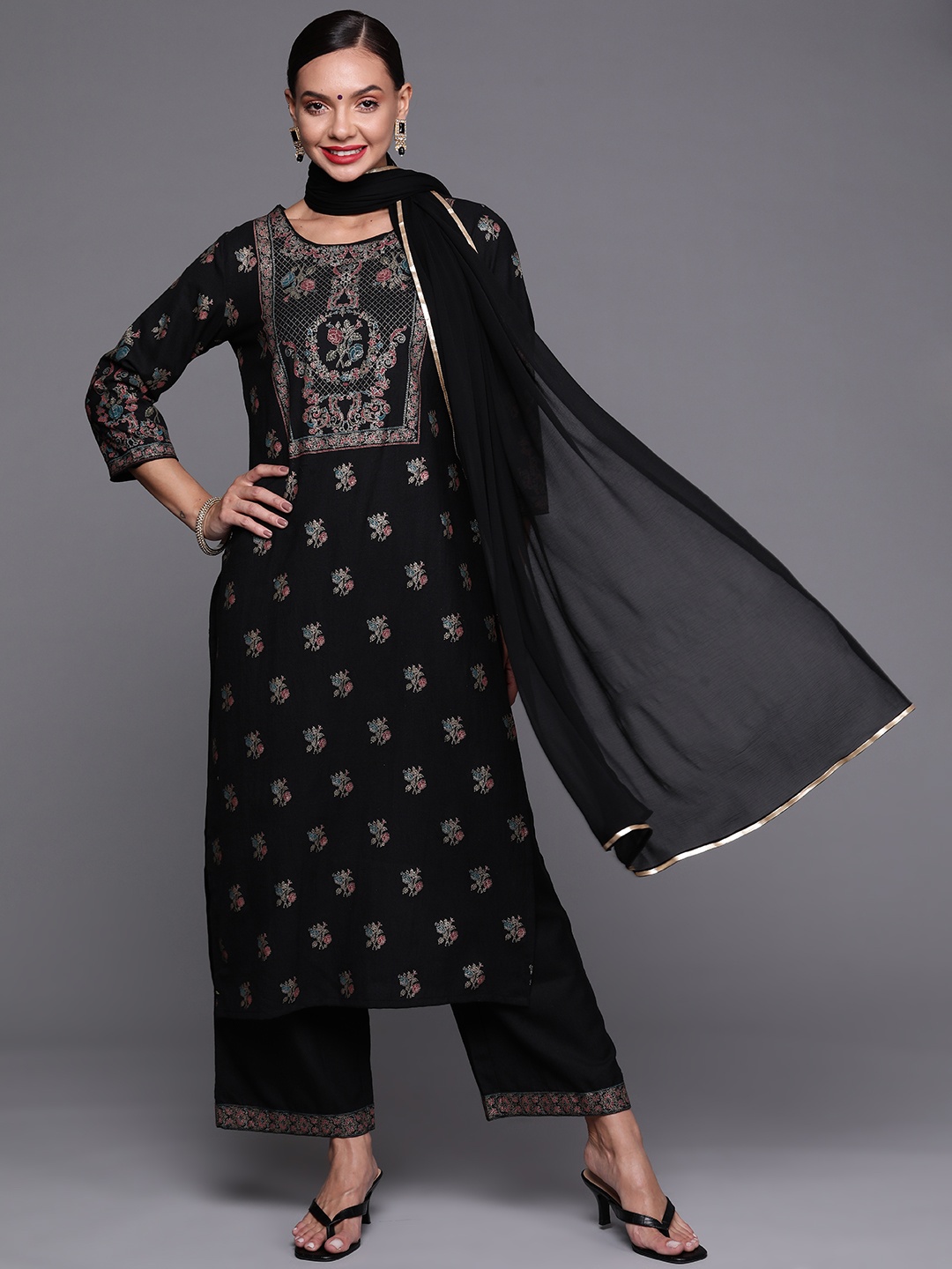 Indo Era Women Black & Pink Ethnic Motifs Printed Kurta with Palazzos & With Dupatta
Indo Era Women Black & Pink Ethnic Motifs Printed Kurta with Palazzos & With Dupatta