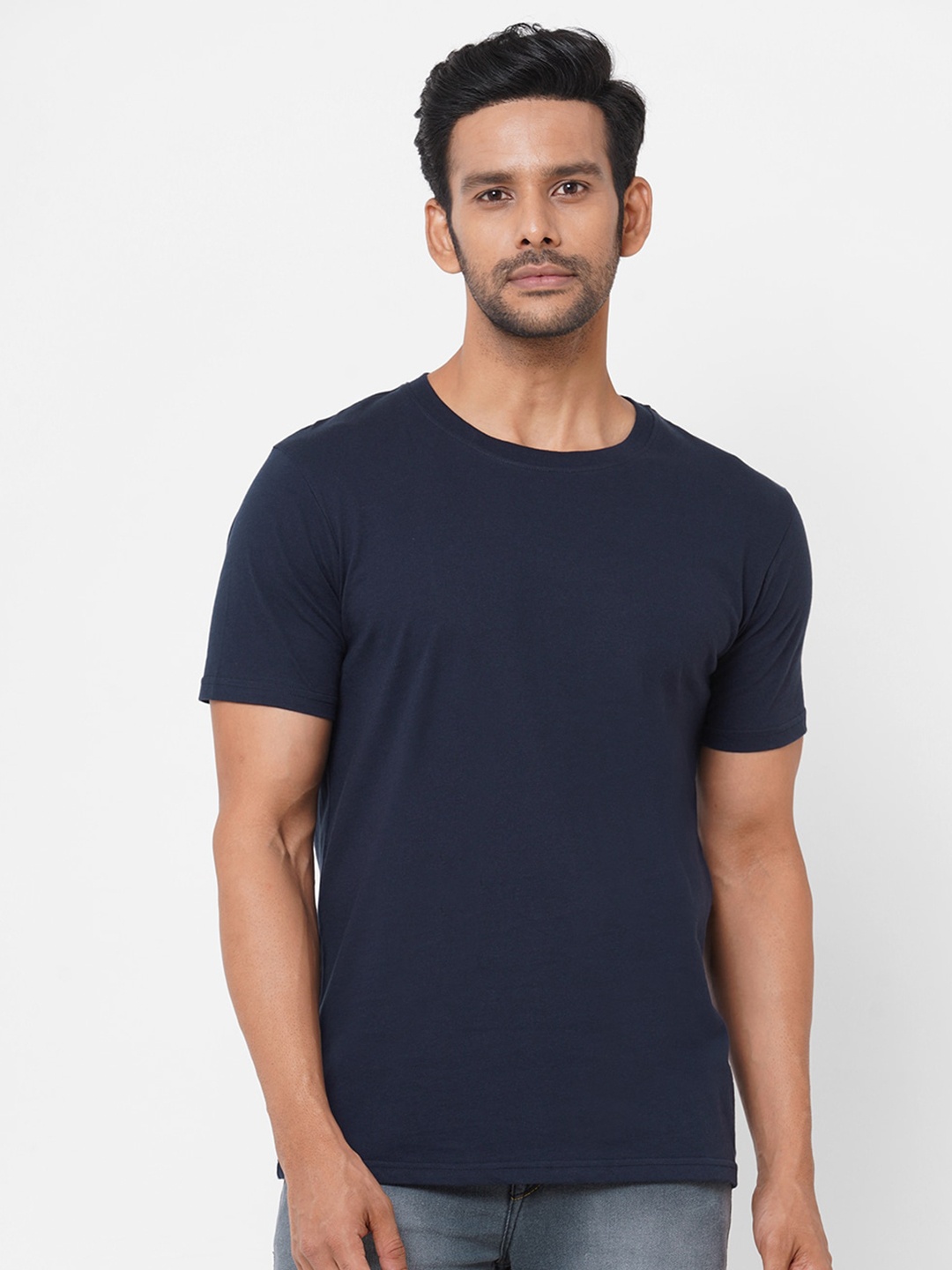 PAPA BRANDS Men Navy Blue Pure Combed Cotton T-shirt