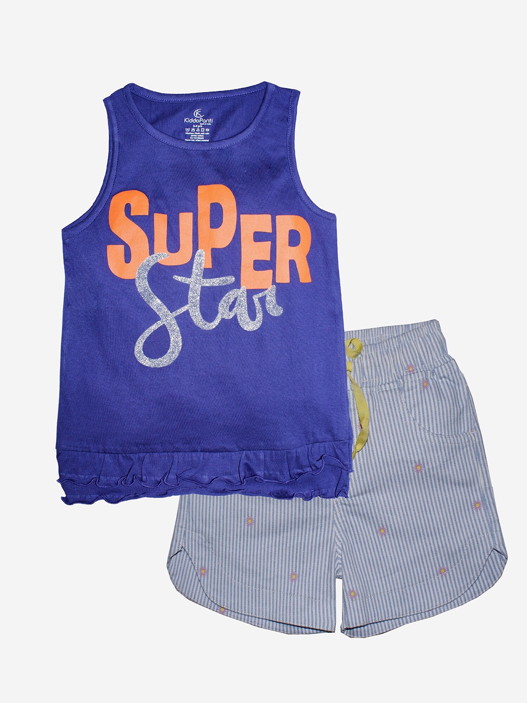 KiddoPanti Girls Blue & Grey Printed T-shirt with Shorts