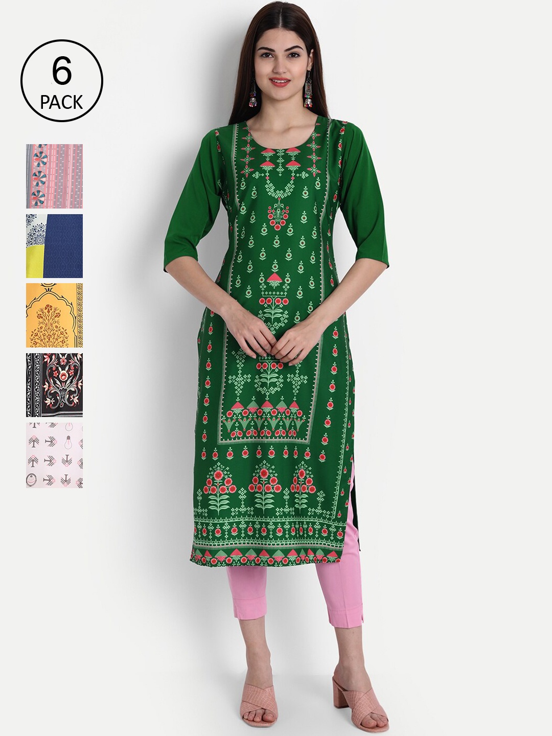 1 Stop Fashion Women Pack of 6 Digital Print Straight Kurtas, Multi