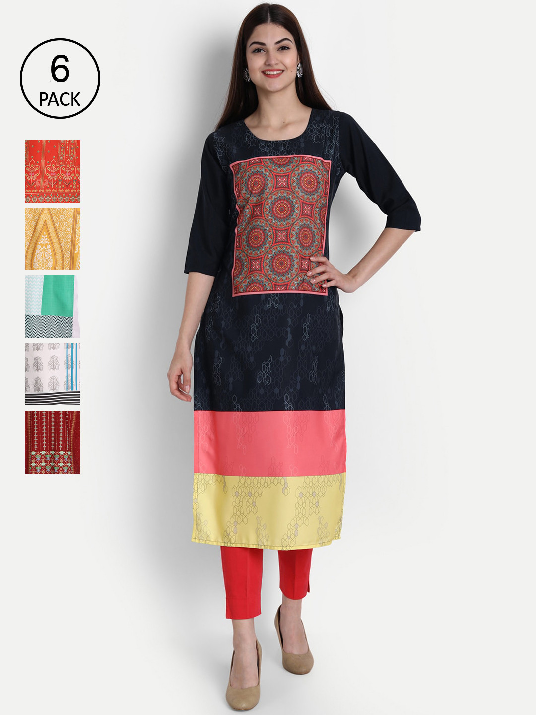 1 Stop Fashion Women Pack Of 6 Multicoloured Digital Printed Crepe Kurta, Multi 
1 Stop Fashion Women Pack Of 6 Multicoloured Digital Printed Crepe Kurta, Multi