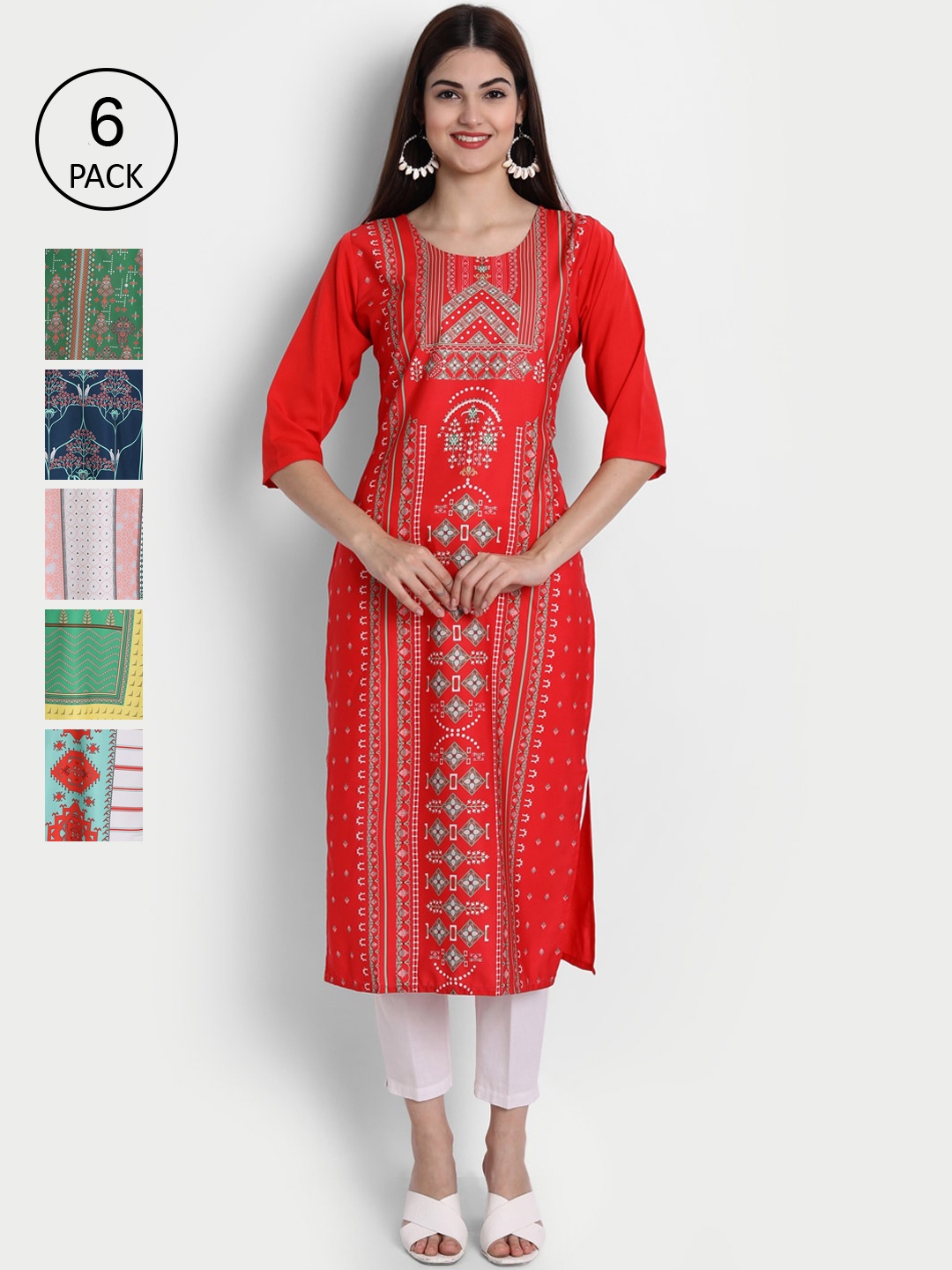 1 Stop Fashion Women Pack of 6 Digital Print Straight Kurtas, Multi