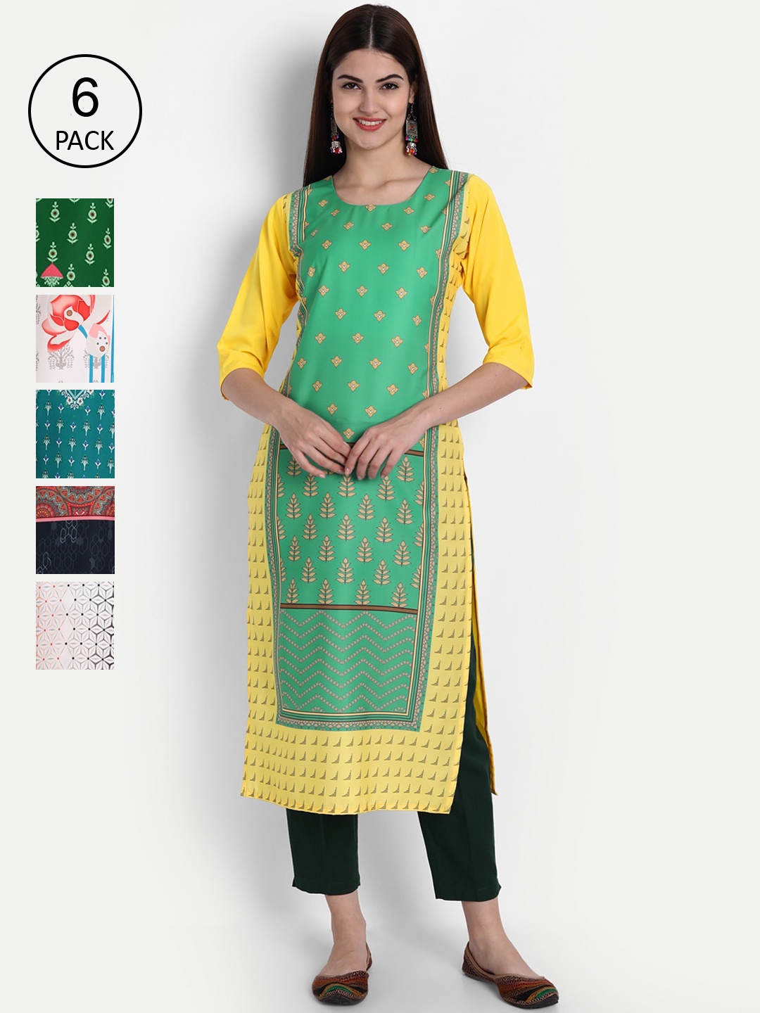 1 Stop Fashion Women Pack of 6 Multicoloured Printed Straight Kurtas, Multi