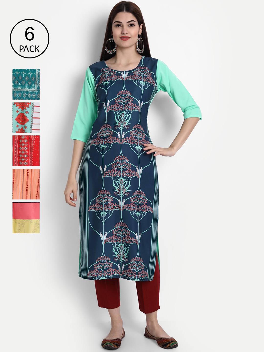 1 Stop Fashion Women Pack of 6 Multicoloured Printed Straight Kurtas, Multi