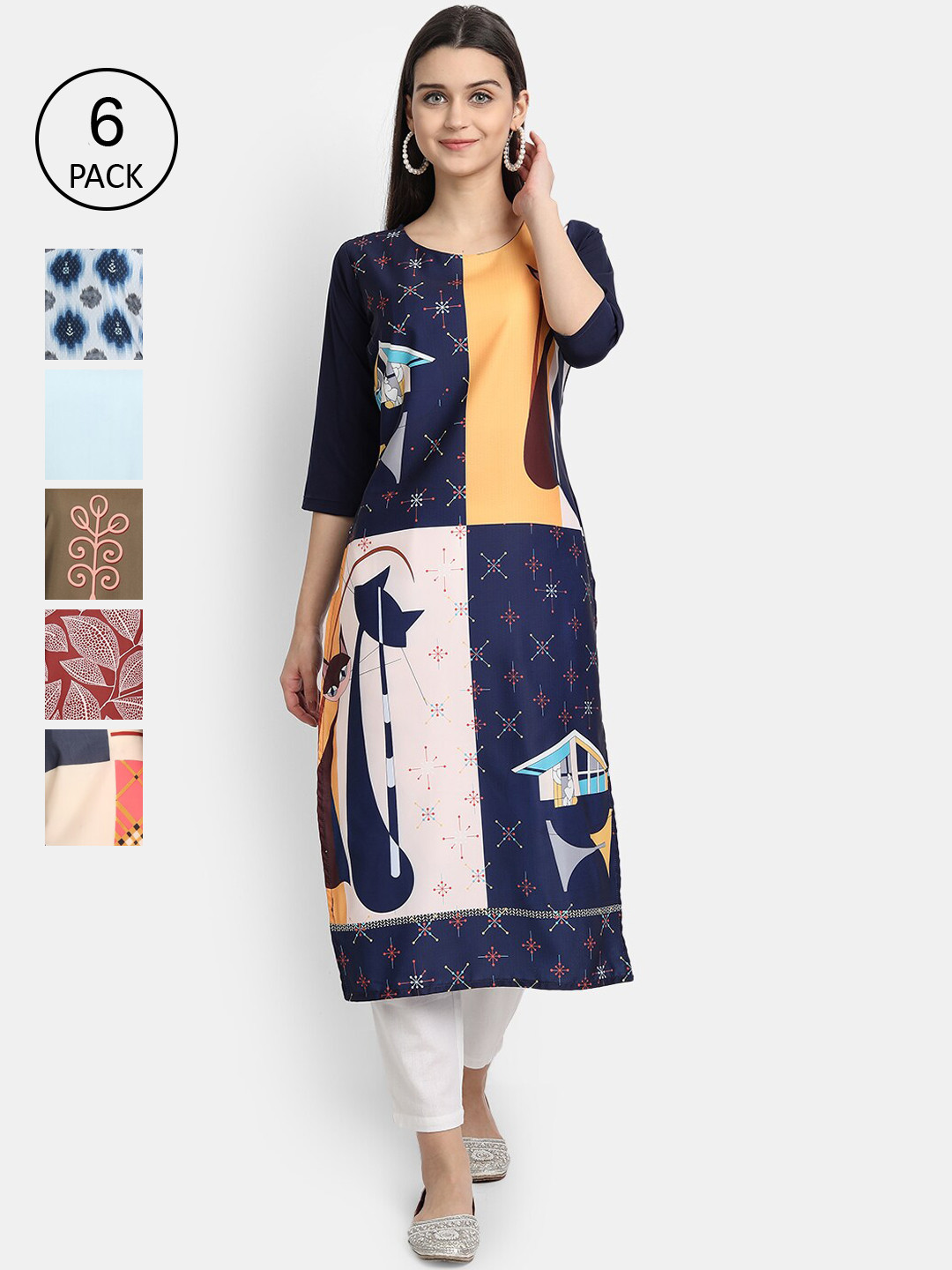 1 Stop Fashion Pack of 6 Women Printed Crepe Kurta, Multi
1 Stop Fashion Pack of 6 Women Printed Crepe Kurta, Multi