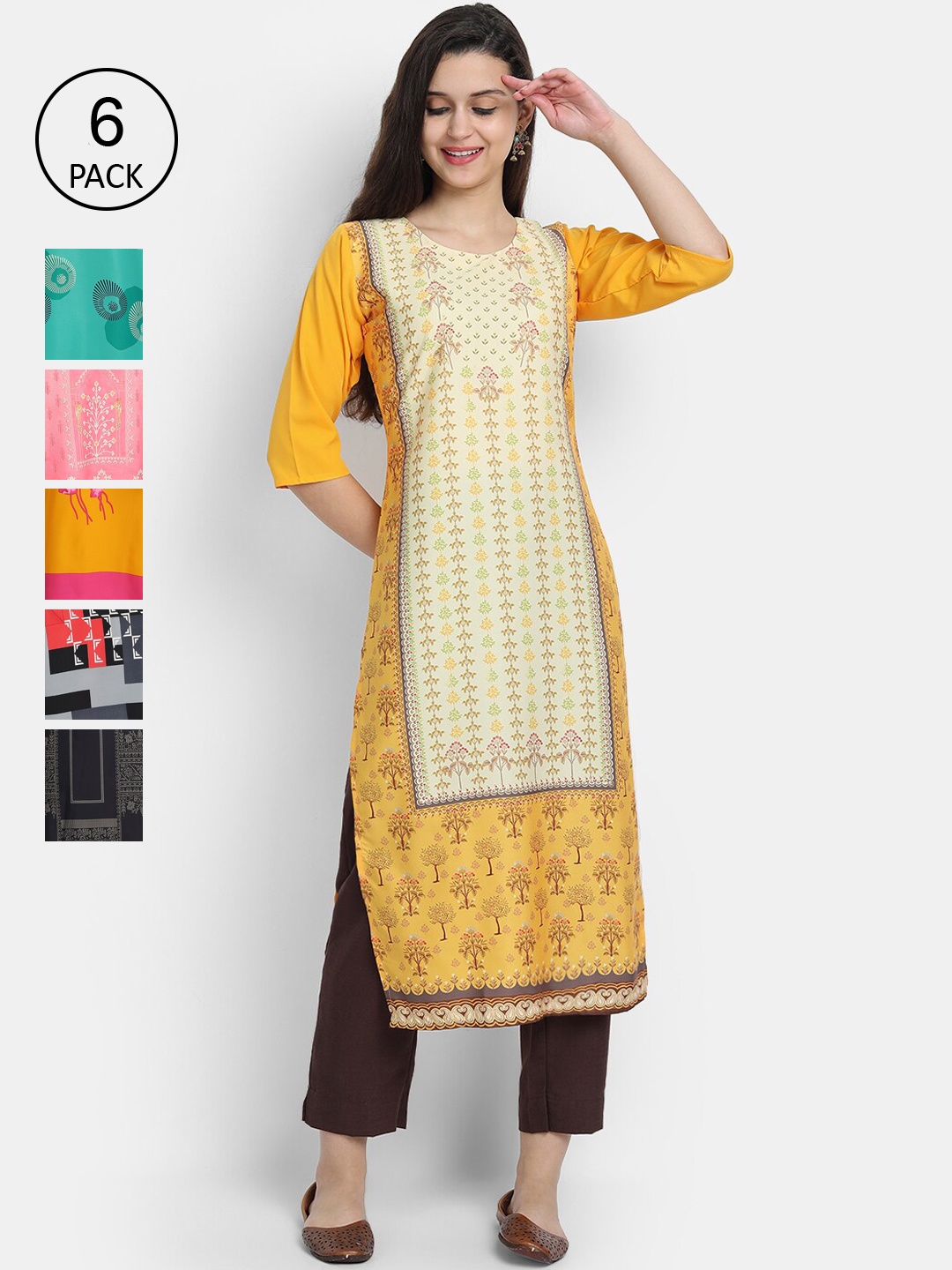 1 Stop Fashion Women Pack Of 6 Printed Crepe Kurta, Yellow