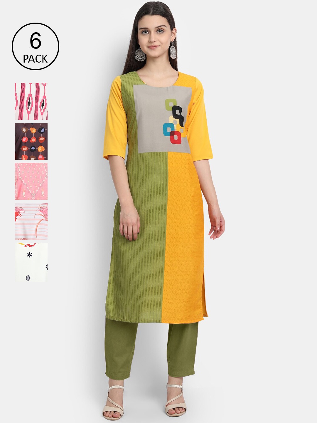 1 Stop Fashion Pack of 6 Women Printed Crepe Kurta, Multi