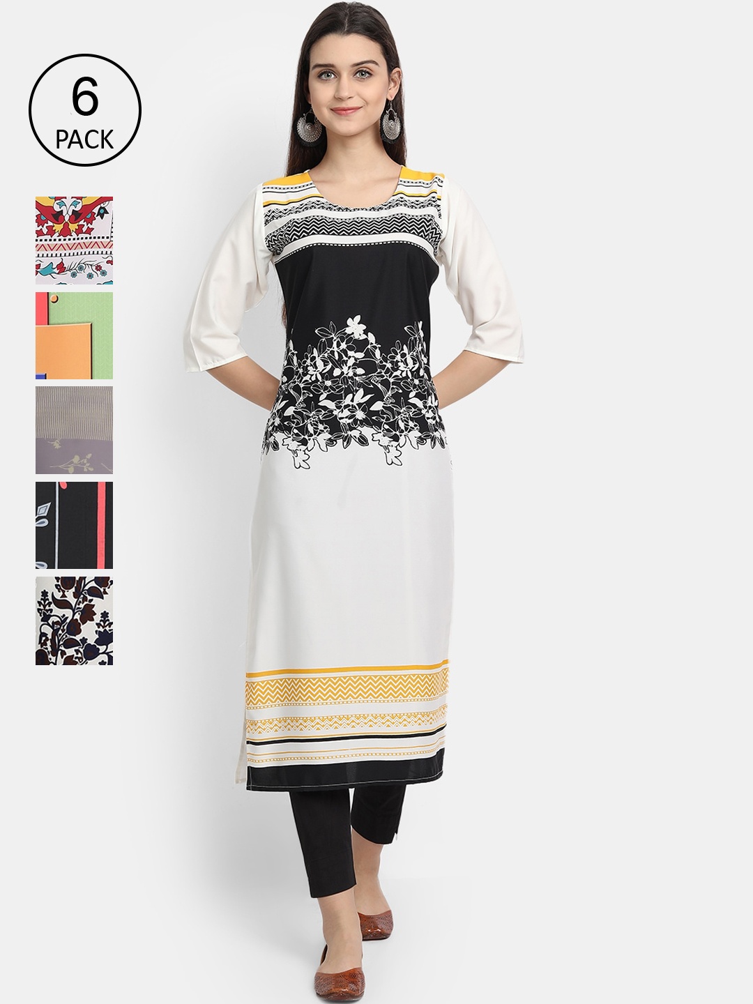1 Stop Fashion Women Pack Of 6 Printed Crepe Kurta, White