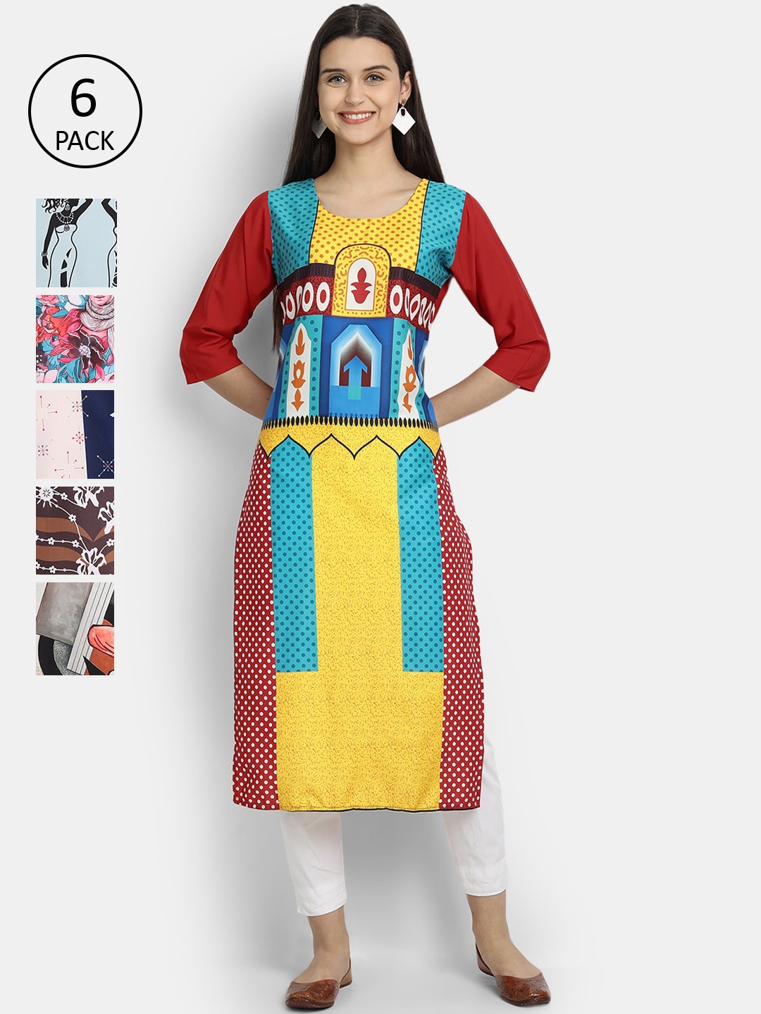 1 Stop Fashion Women Pack of 6 Multicoloured Printed Crepe Straight Kurta, Multi