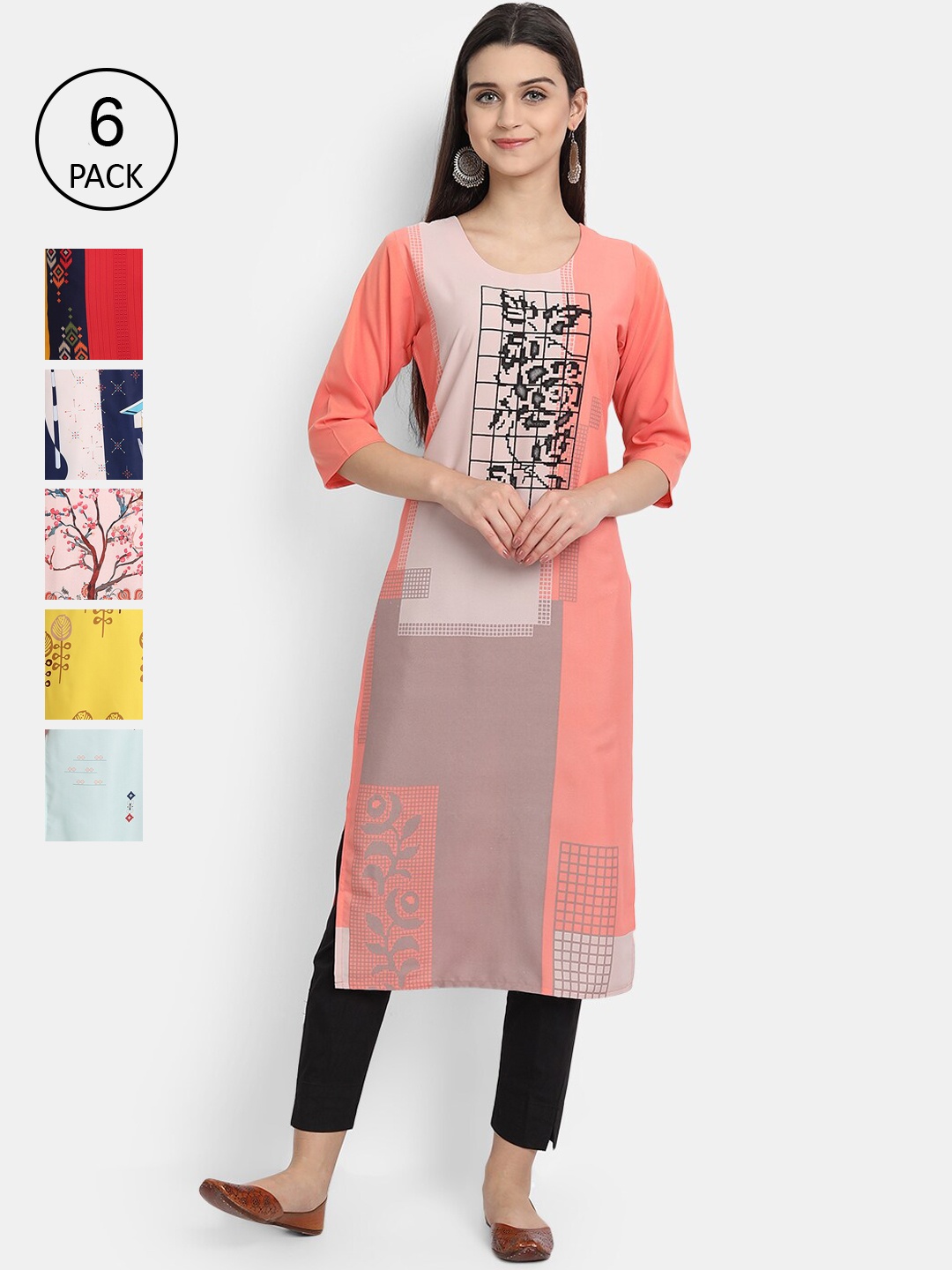 1 Stop Fashion Women Pack Of 6 Digital Print Straight Kurta, Multi