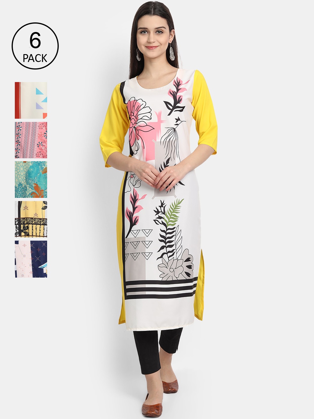 1 Stop Fashion Women Pack Of 6 Printed Crepe Kurta, White
