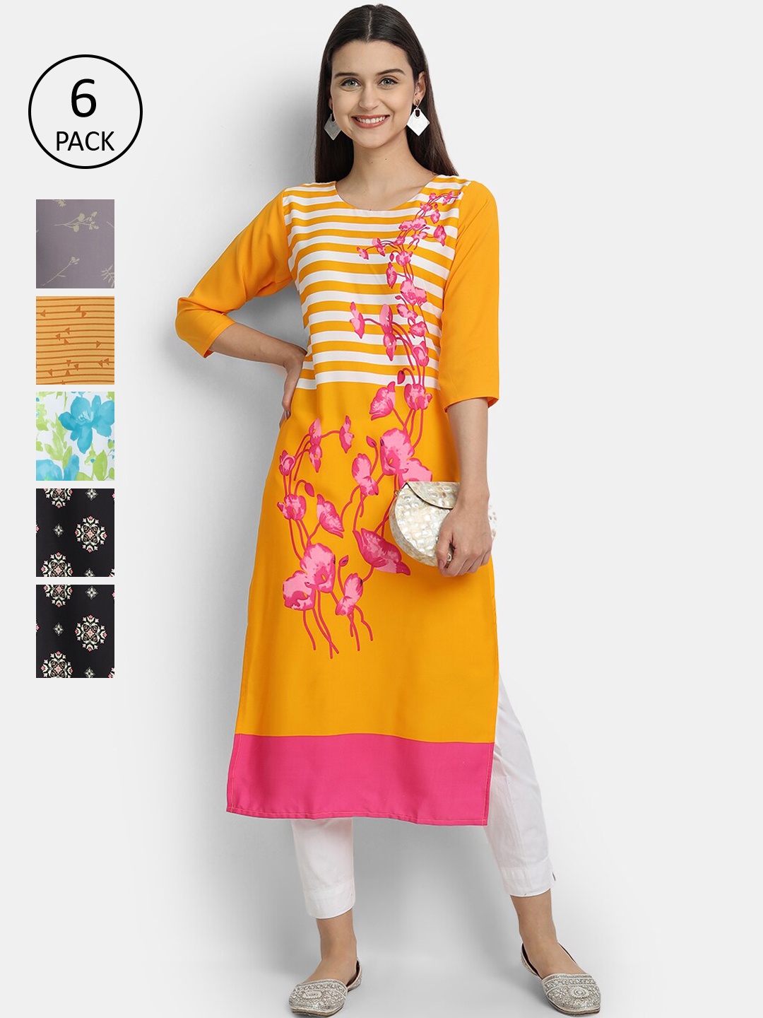 1 Stop Fashion Women Yellow & Pink Pack of 6 Printed Crepe Kurta