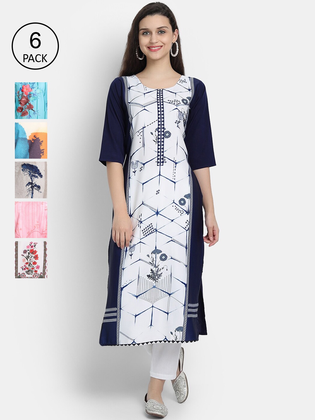 1 Stop Fashion Women Pack Of 6 Floral Printed Kurta, Blue