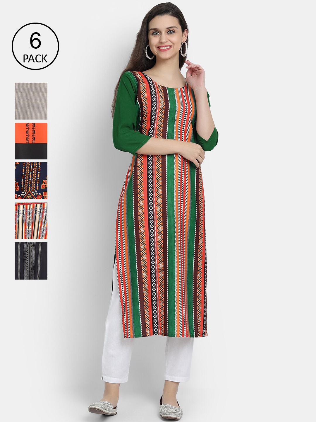1 Stop Fashion Woman Pack of 6 Multicoloured Floral Printed Crepe Kurta, Multi