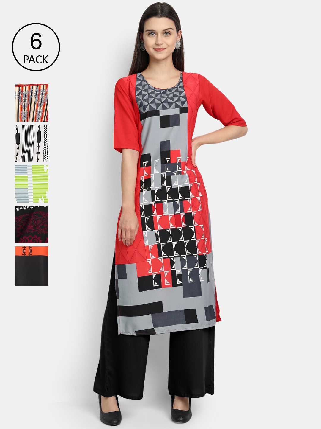 1 Stop Fashion Women Red & Black Pack of 6 Printed Crepe Kurta
