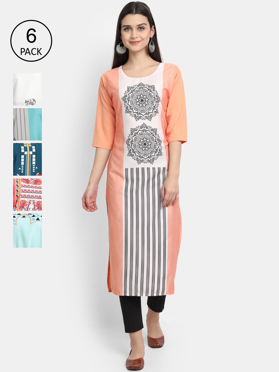 1 Stop Fashion Women Pack of 6 Multicoloured Printed Crepe Straight Kurta, Multi